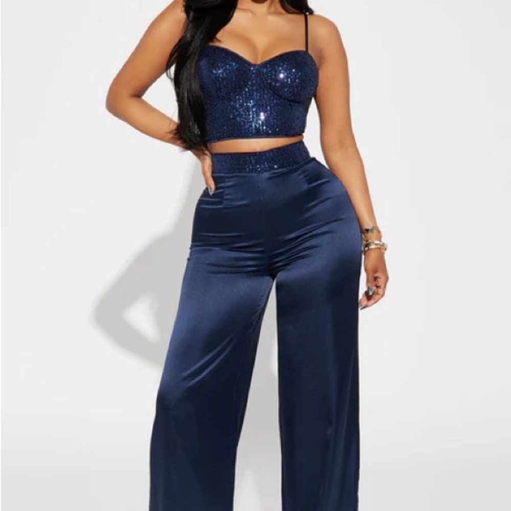 Fashion Nova Navy Sequin Wide Leg Jumpsuit
